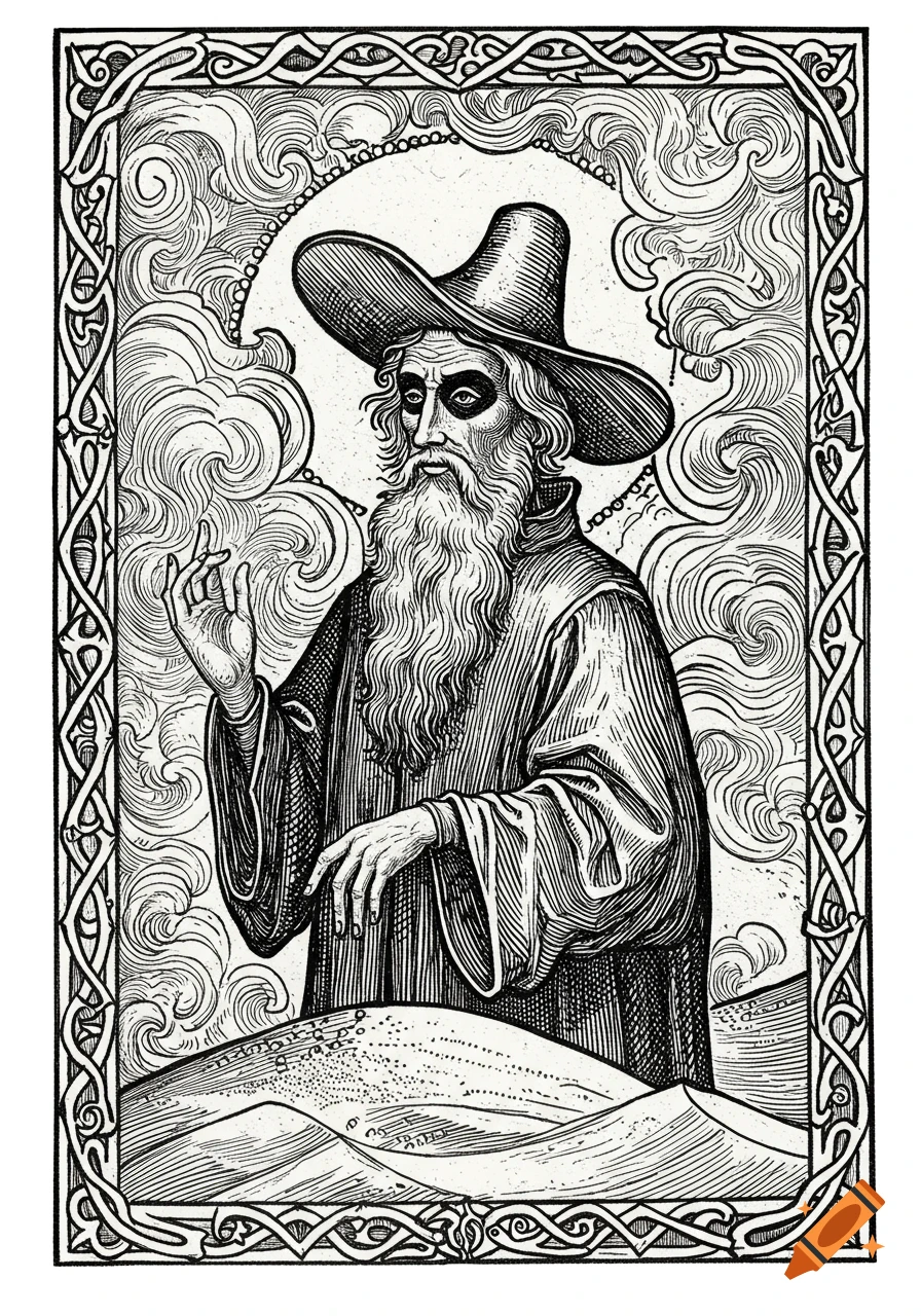 Black and white woodcut engraving of a bearded old man in a wide-brimmed hat and robe, surrounded by clouds.