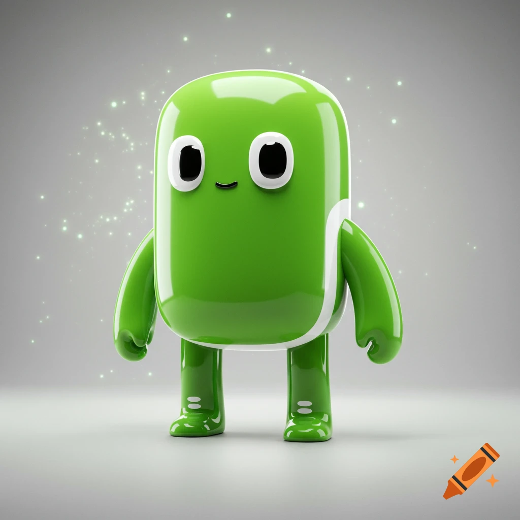 Glossy green cylindrical mascot with large black eyes, a small smile, and short limbs, against a sparkling grey background.