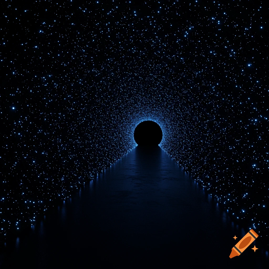 A dark tunnel with millions of tiny blue lights on its walls, leading to a black sphere in the distance.