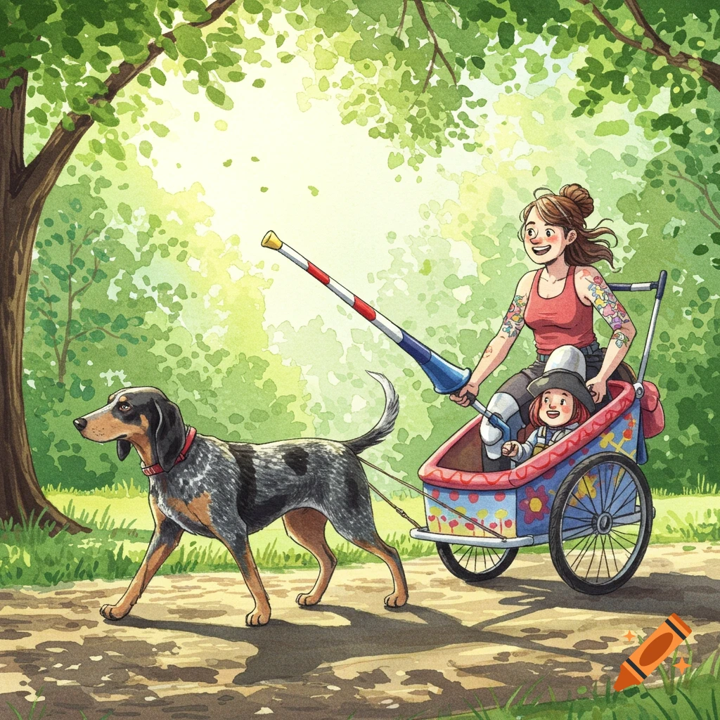 Watercolor of a bluetick coonhound pulling a trailer with a tattooed woman holding a jousting lance and a child in a sunlit park.