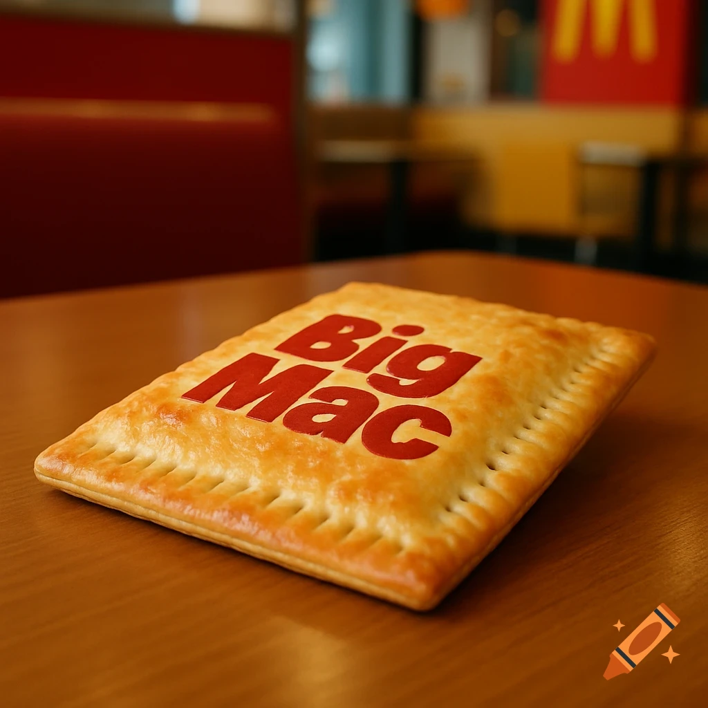 Photorealistic image of a golden-brown Pop-Tart with 'Big Mac' written in red on it, sitting on a wooden table in a McDonald's restaurant.