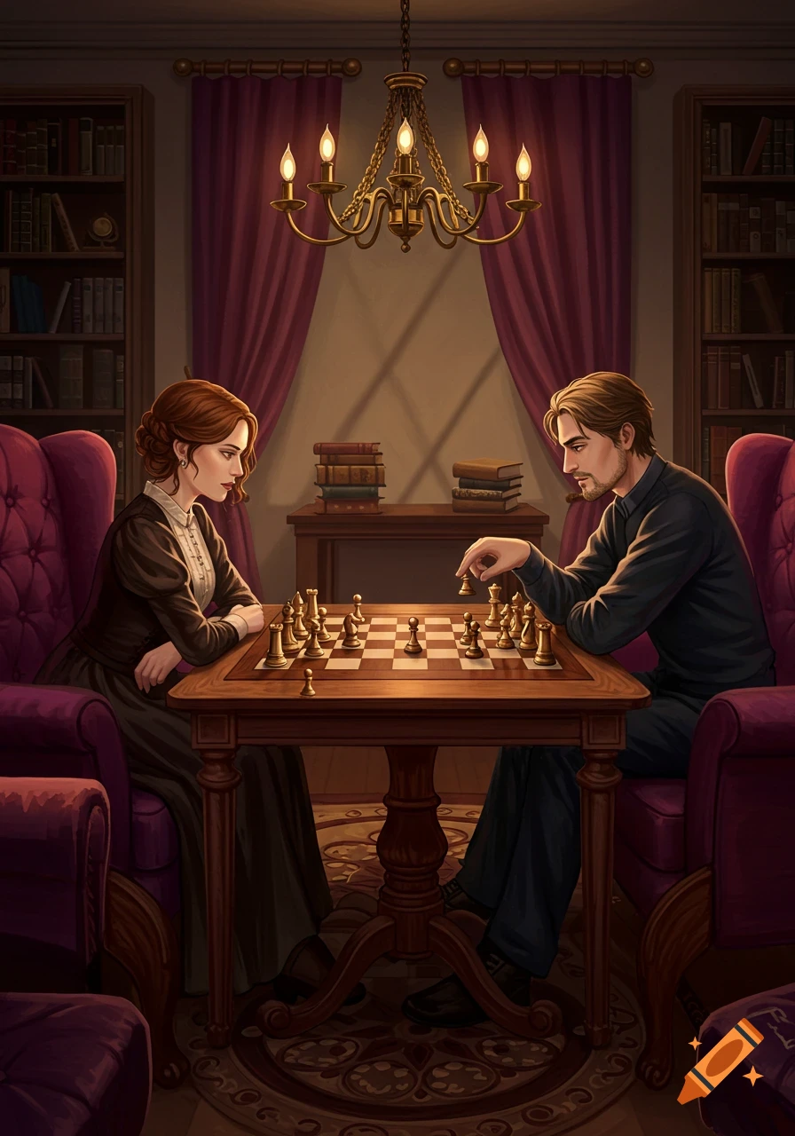 A man and a woman in classic attire play chess in a richly decorated room with bookshelves and a chandelier.