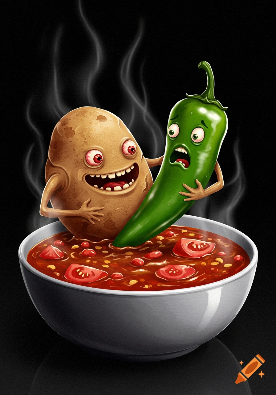 A cartoonish, smiling potato with bloodshot eyes holds a frightened green chili pepper in a steaming bowl of red chili.