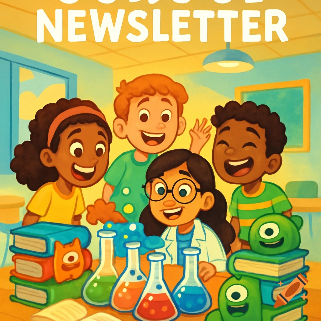A vibrant cartoon of diverse children in a science class, with beakers, books, and cute green monsters.