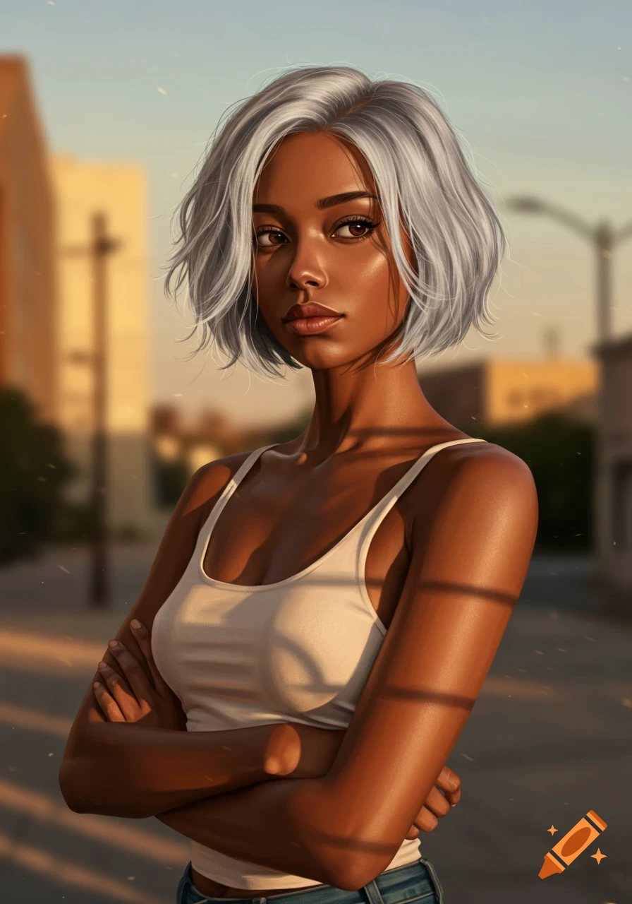 A dark-skinned woman with short grey hair and a white tank top stands with her arms crossed in an urban setting at sunset.