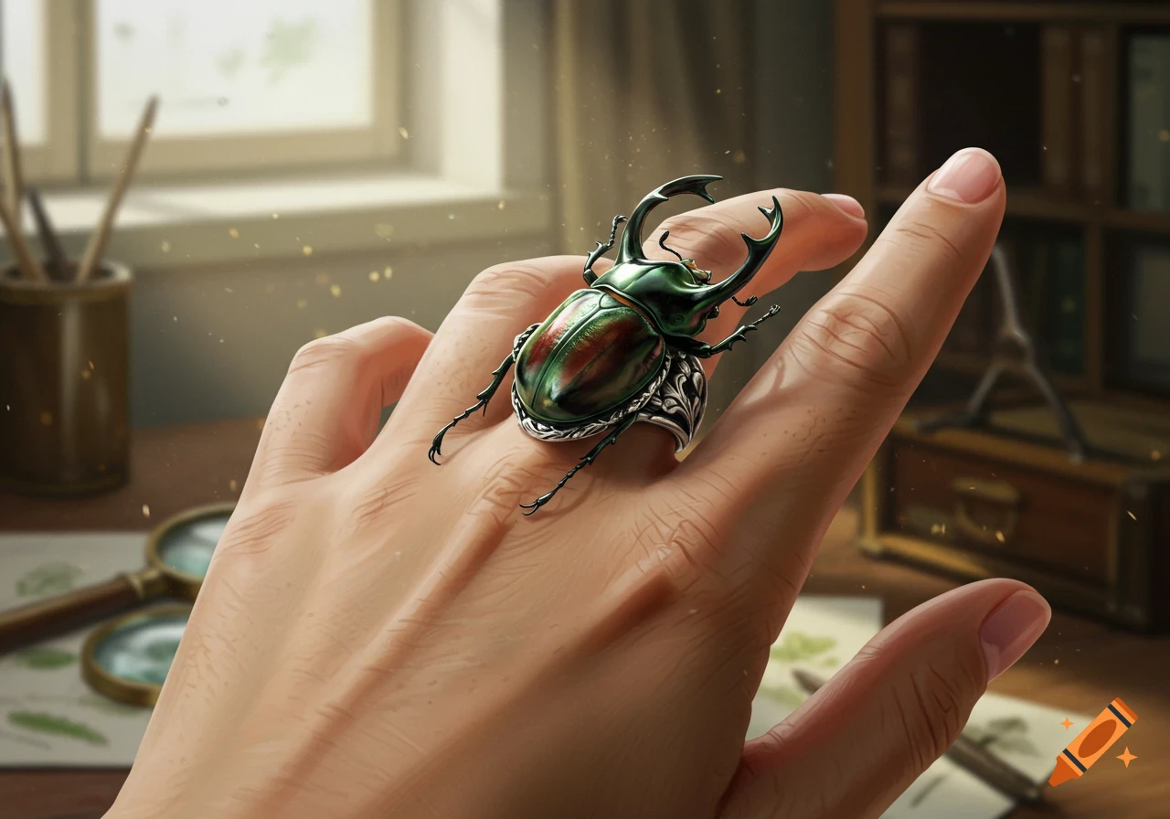Close-up of a hand wearing a detailed, green and red atlas beetle ring, with a blurred study room background.