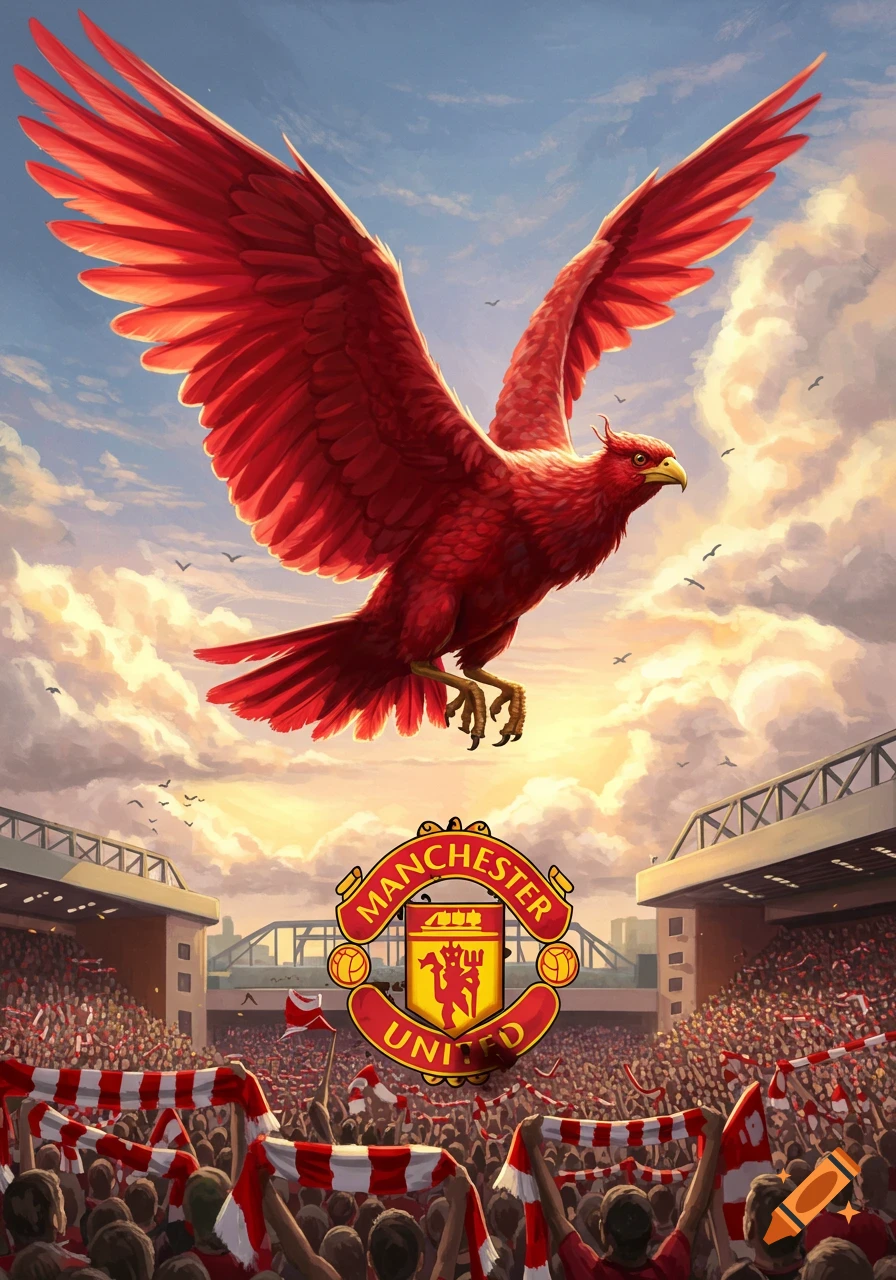 A large red phoenix-like bird flies over a crowded football stadium with the Manchester United logo in the foreground, digital art.