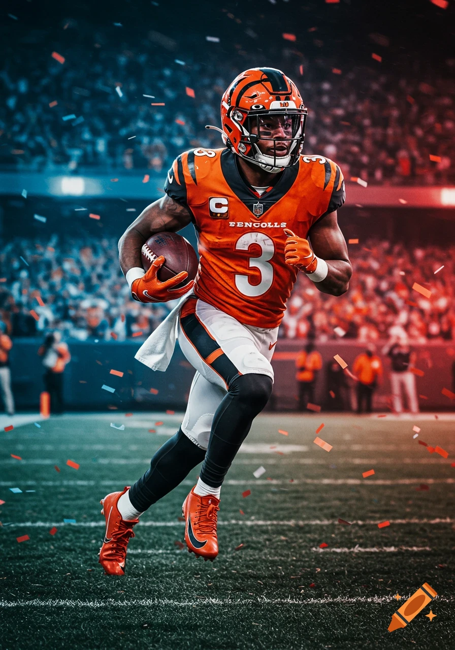 Photorealistic football player in orange jersey number 3 runs with a ball on a field with confetti and a blurred stadium background.