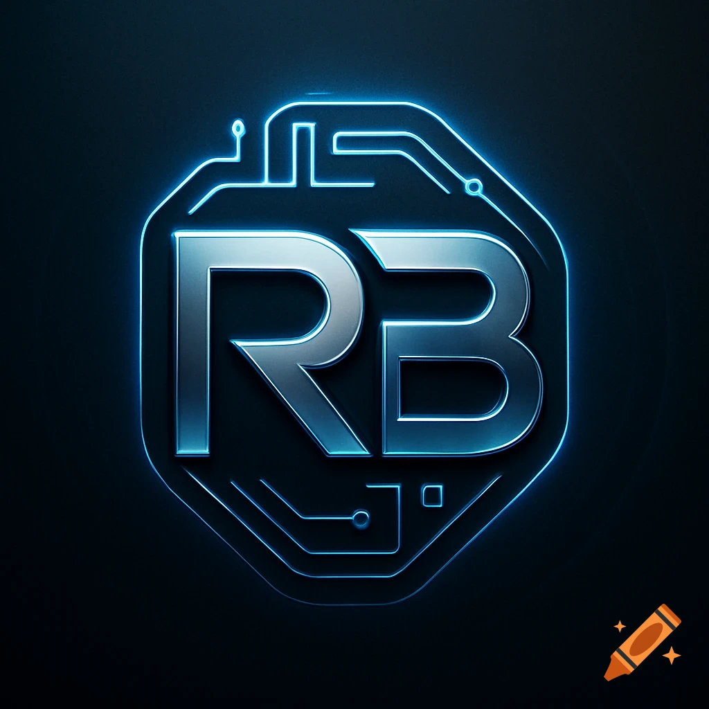 A futuristic logo featuring shiny metallic silver letters 'RB' with a glowing blue neon outline and circuit board elements on a dark background.