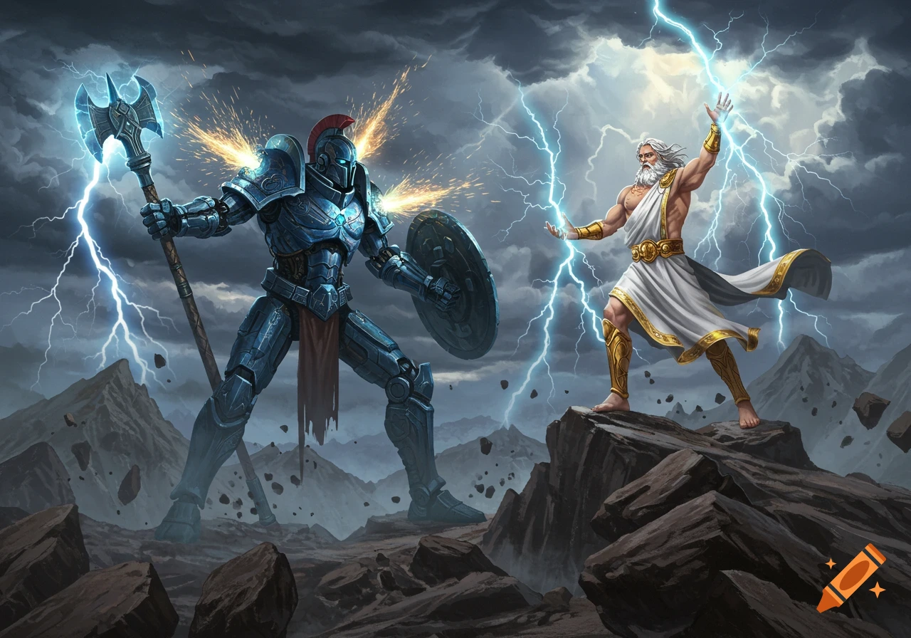 Epic fantasy art of a mechanized warrior with an axe fighting Zeus conjuring lightning in a stormy, rocky landscape.