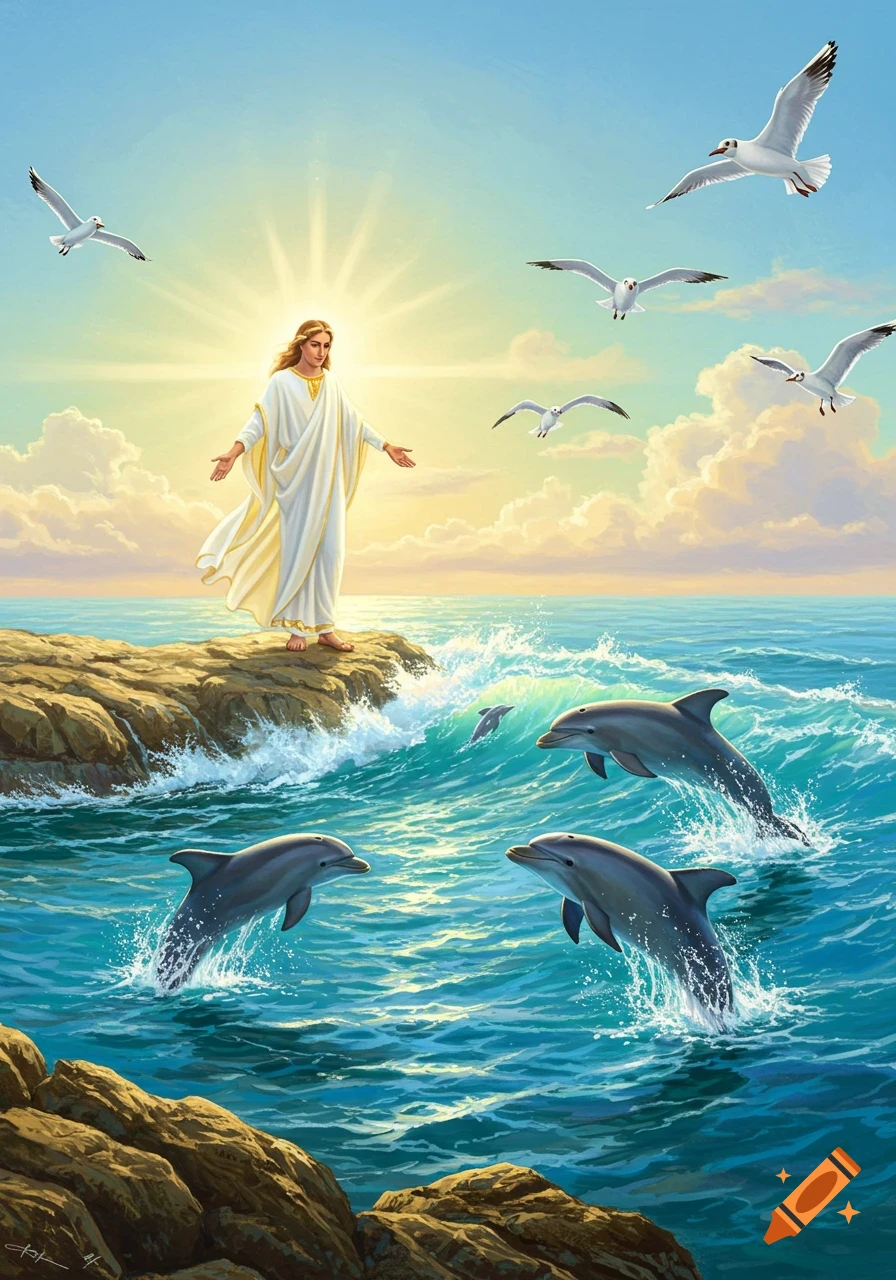 Jesus, glowing and robed in white, stands on a rocky shore, arms outstretched, looking at dolphins leaping in the wavy ocean under a bright sky with seagulls flying.