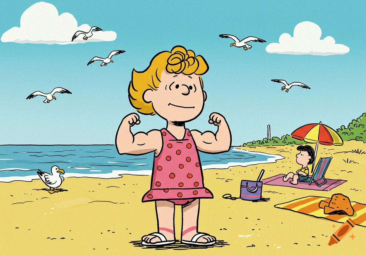 Sally Brown in a pink swimsuit flexes her biceps on a beach, with Charlie Brown relaxing under an umbrella in the background.