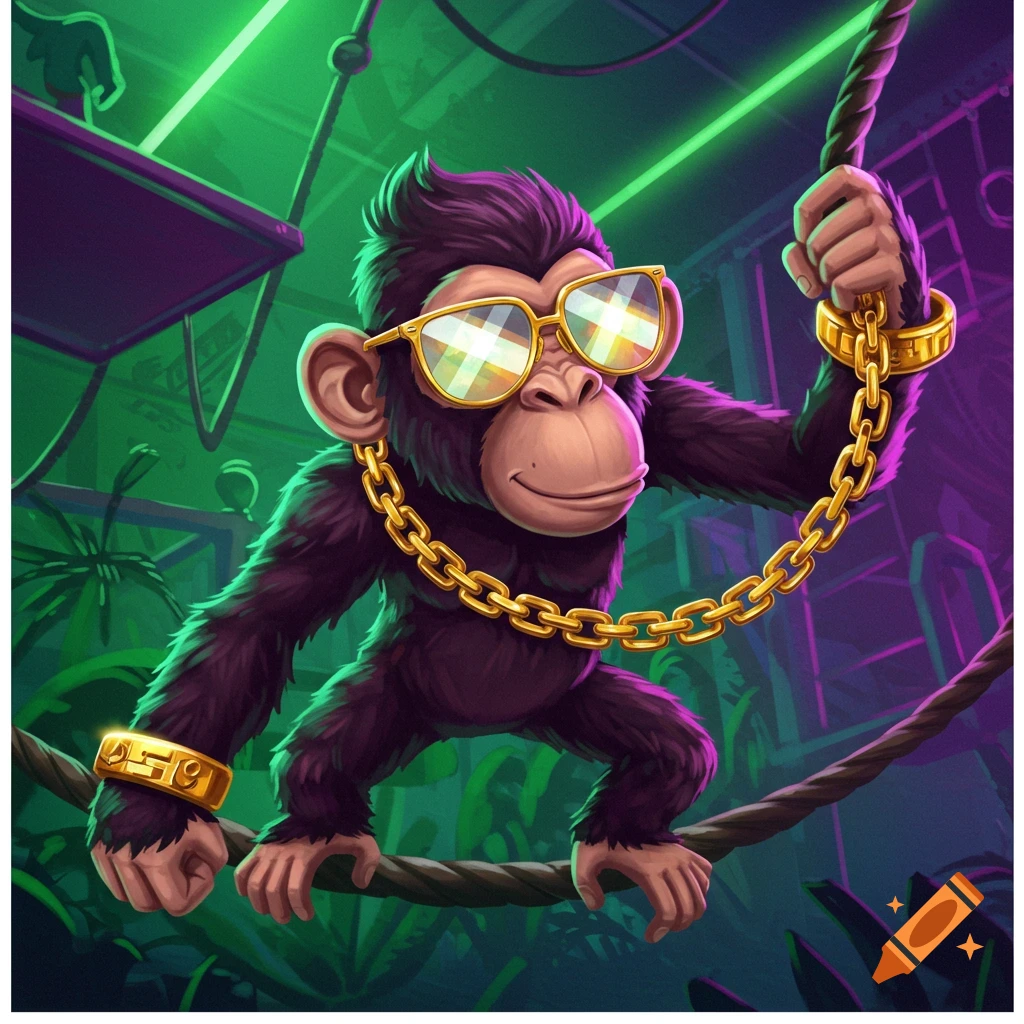 A stylized cartoon monkey with purple fur, golden sunglasses, and a thick gold chain swings on a vine in a vibrant neon jungle.