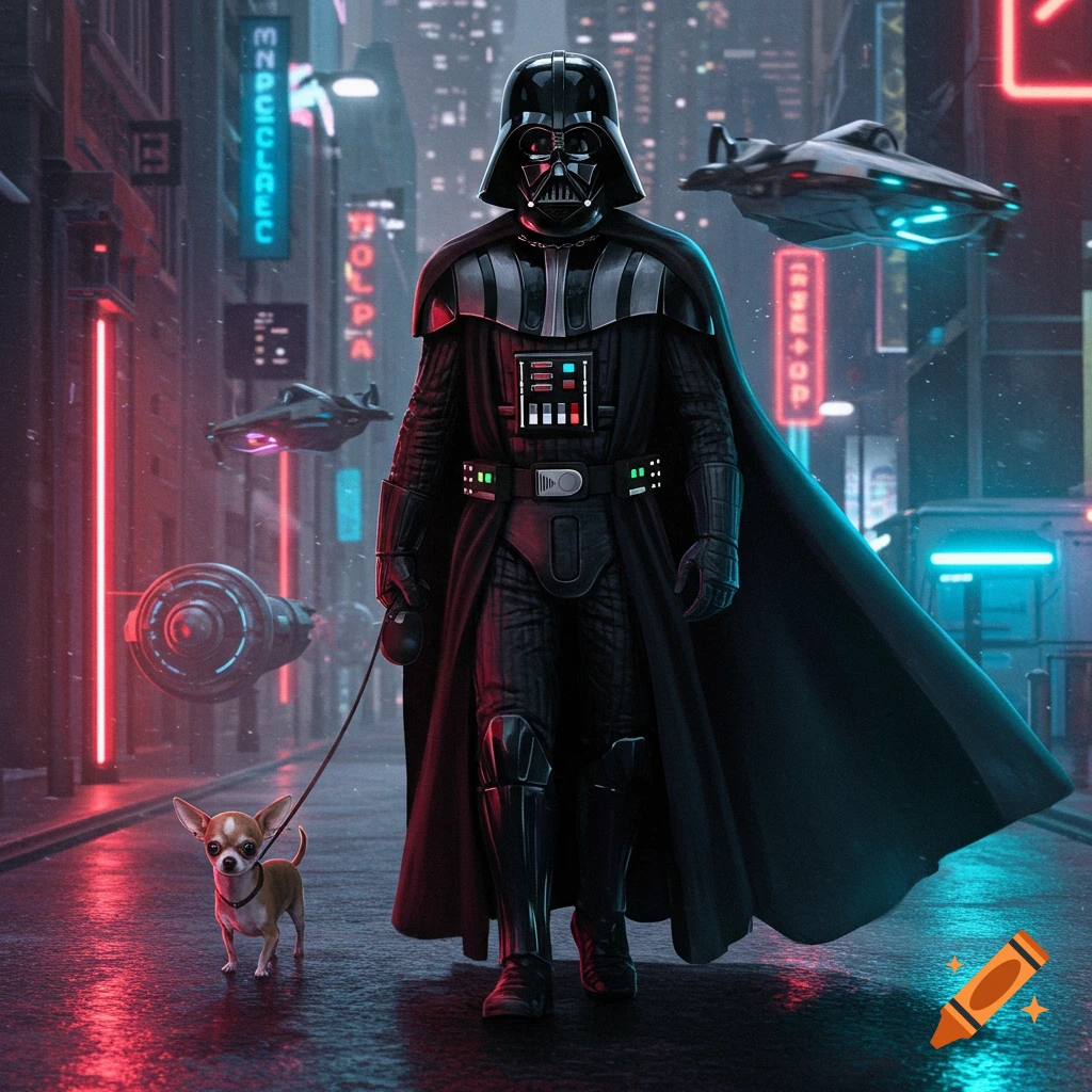 Darth Vader walks a chihuahua on a leash down a neon-lit futuristic city street, with flying vehicles in the background. Photorealistic style.