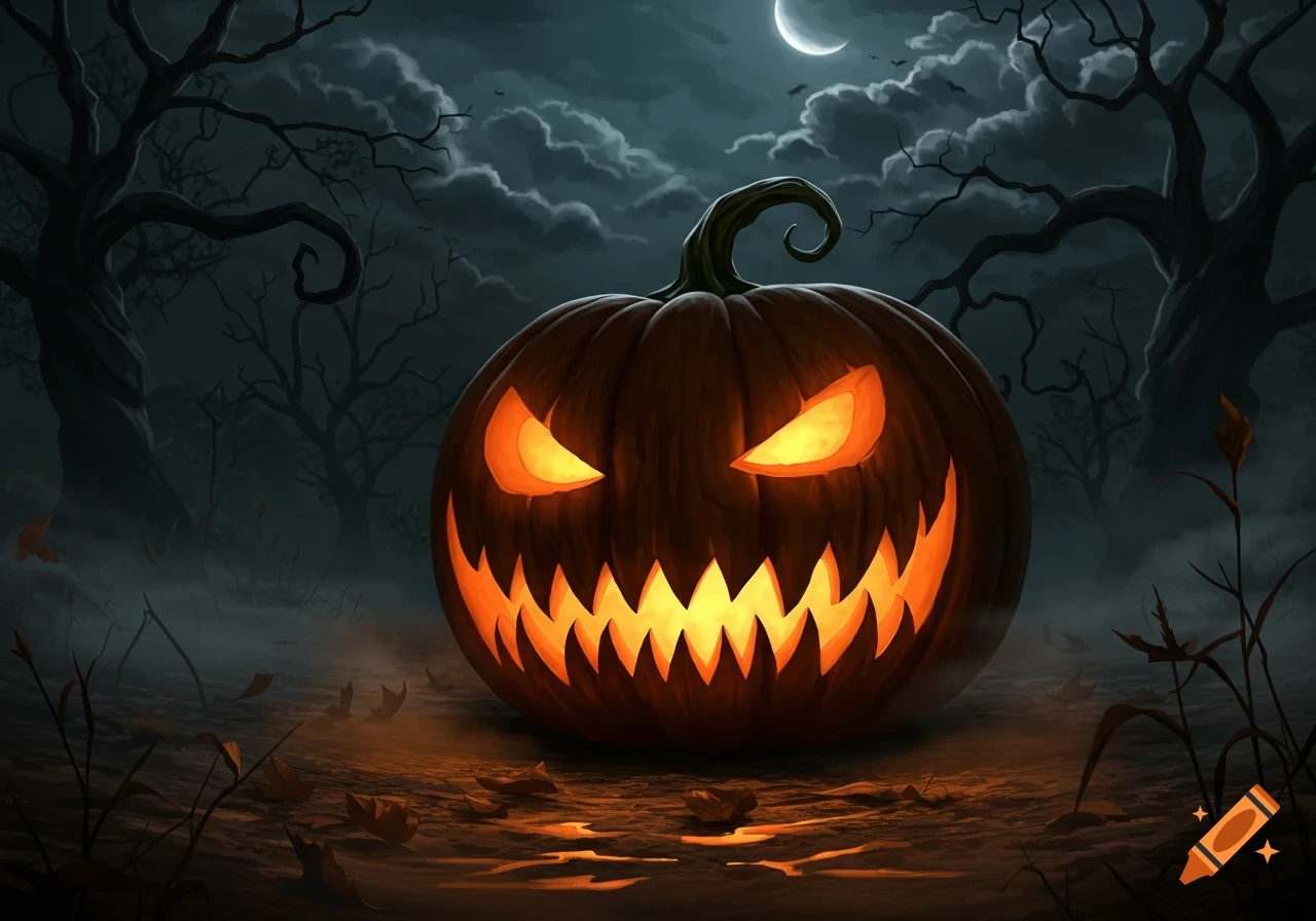 A glowing jack-o'-lantern with a scary, jagged face sits in a dark, misty forest under a crescent moon, surrounded by bare trees.