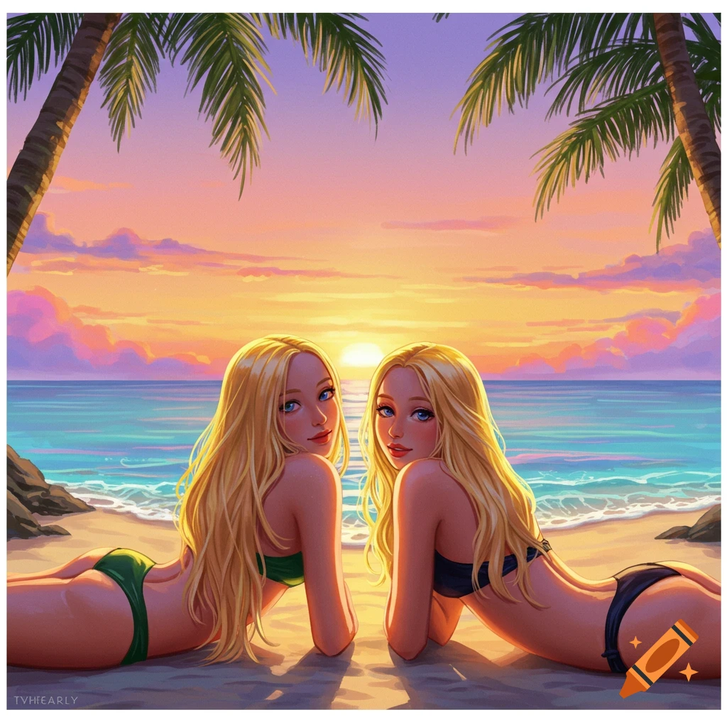 Two blonde women in bikinis lie on a sandy beach at sunset under palm trees, illustrated in a vibrant style.