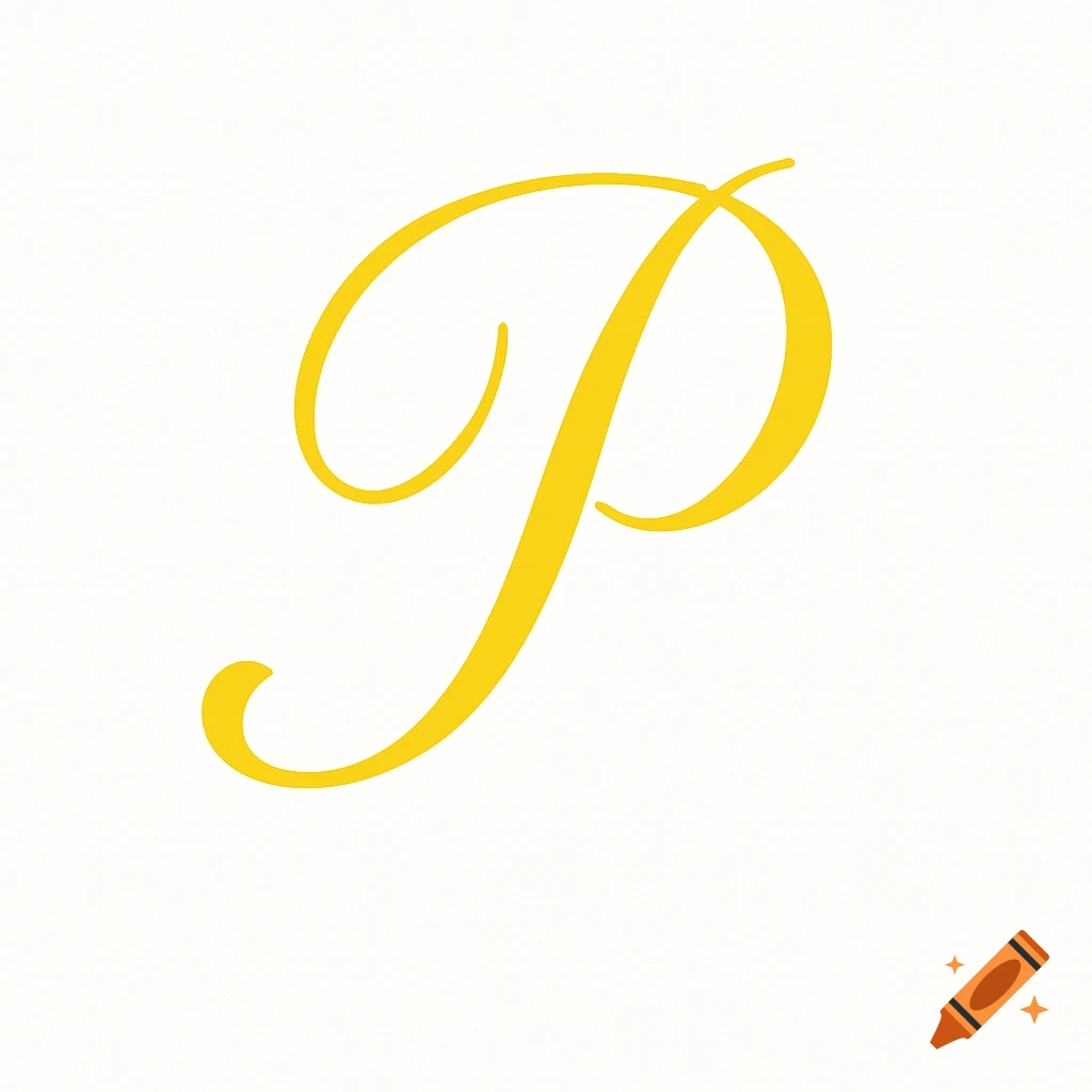 A large, bright yellow, hand-drawn cursive letter P on a white background.