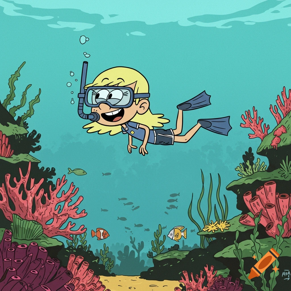 Cartoon character Leni Loud snorkeling underwater with goggles and flippers, swimming over a vibrant coral reef with fish.