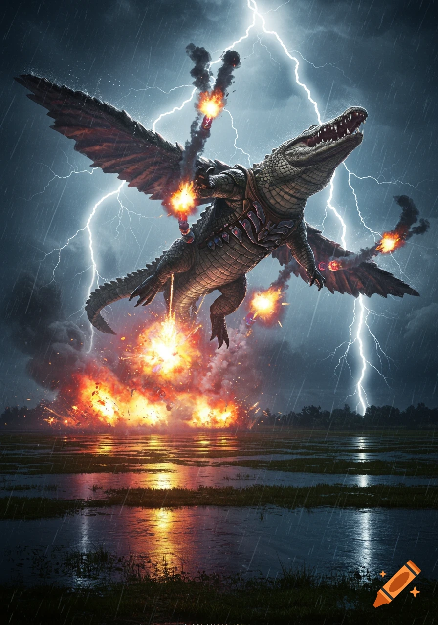 A winged crocodile flies through a stormy, lightning-filled sky, dropping bombs that explode violently over a dark, wet swamp.