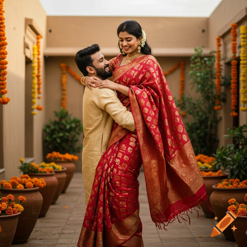 A smiling Indian man in a gold kurta lifts an Indian woman in a red and gold saree, embracing amidst marigold decorations.
