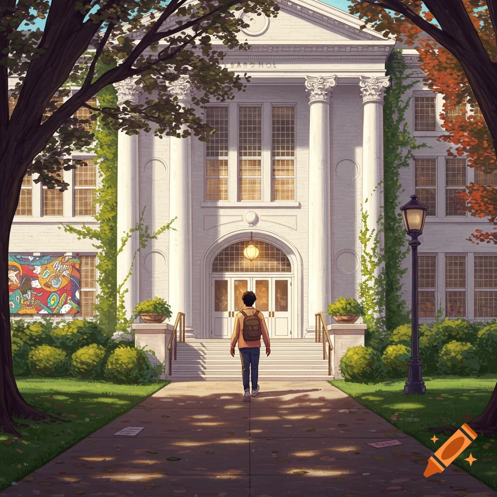 An illustration of a student with a backpack walking up a path towards a grand white school building framed by trees.
