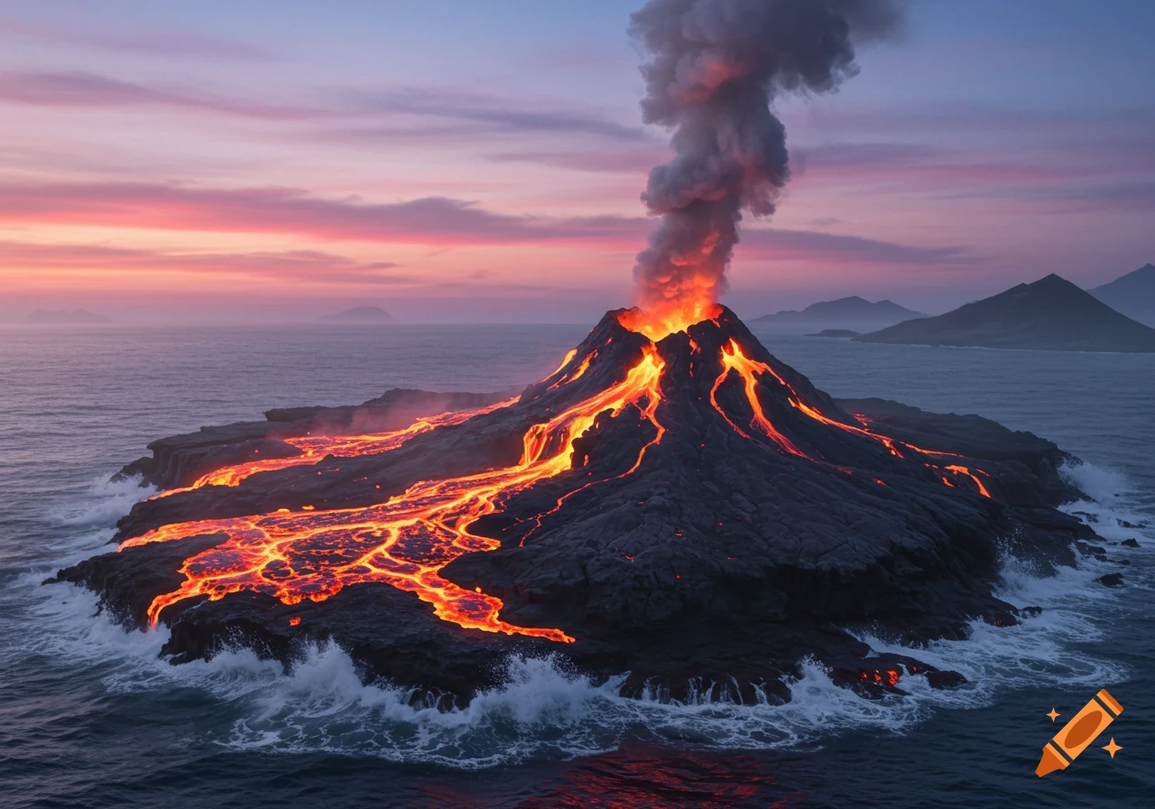 Photorealistic image of a volcanic island erupting at sunset, with bright orange lava flowing into the ocean, under a colorful sky.