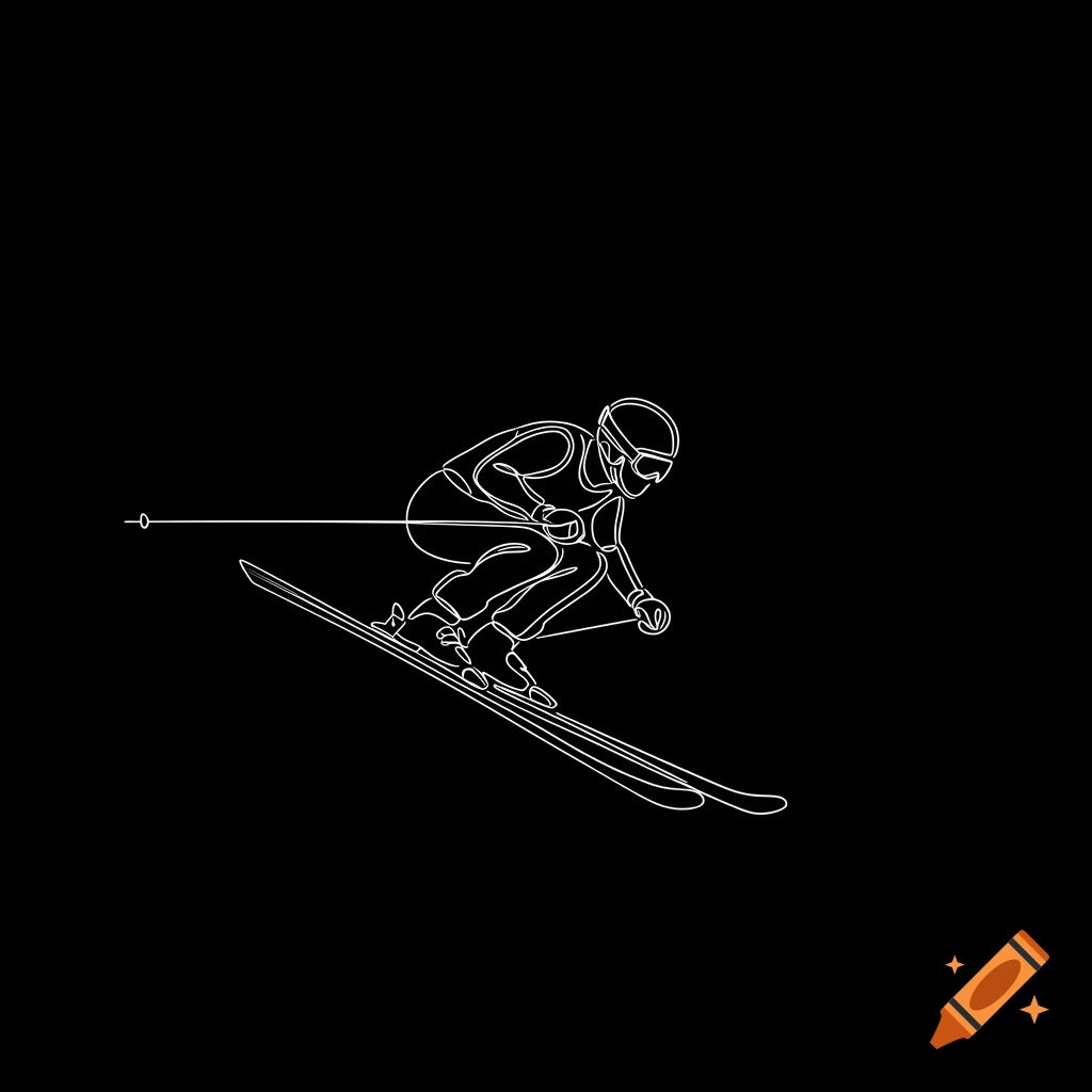 Minimalist white one-line drawing of a skier in a tuck position on a black background.