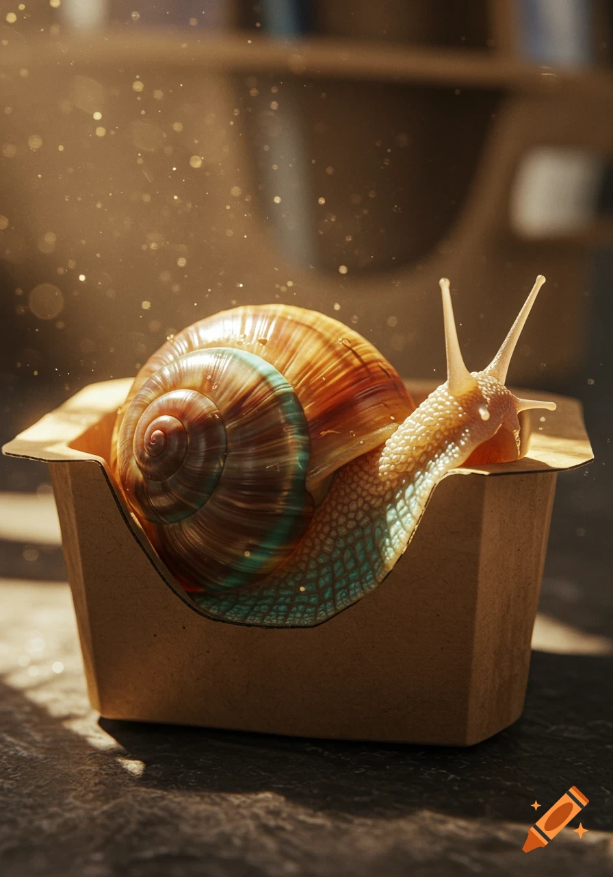 A large snail with a vibrant, striped shell and blue-green body sits in a brown cardboard box, illuminated by golden light and dust motes.