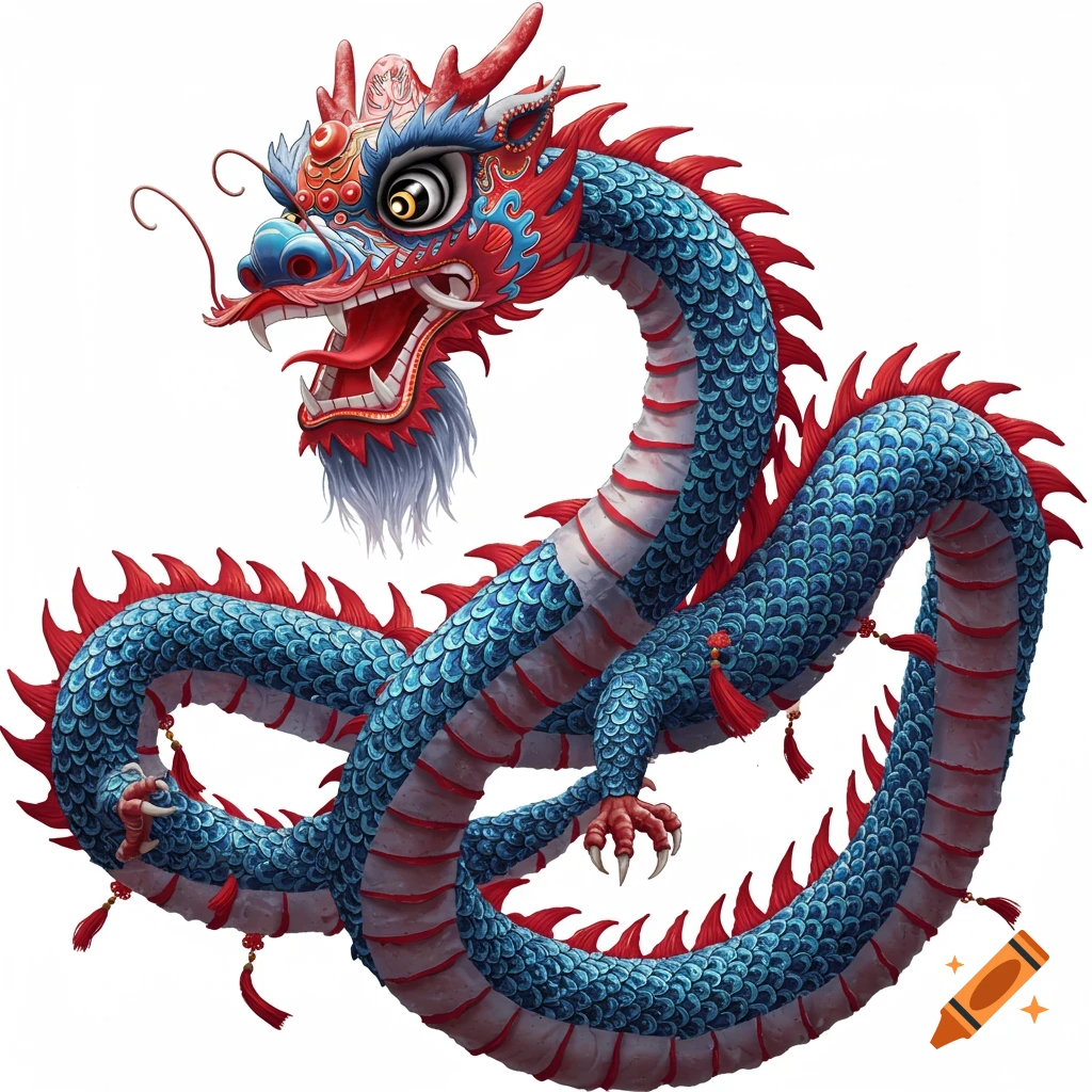 A vibrant blue and red Chinese festival dragon with intricate scales and flowing tassels, on a white background.