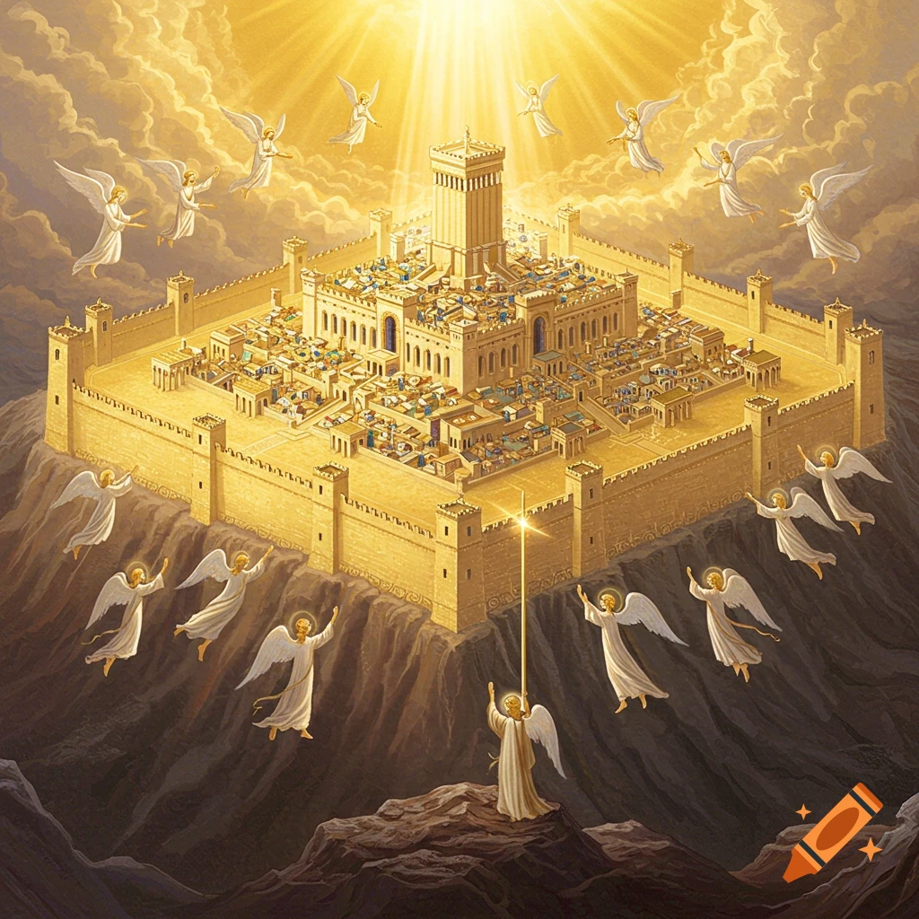A radiant golden city with high walls on a mountain, surrounded by many white-robed angels and bathed in divine light from above.