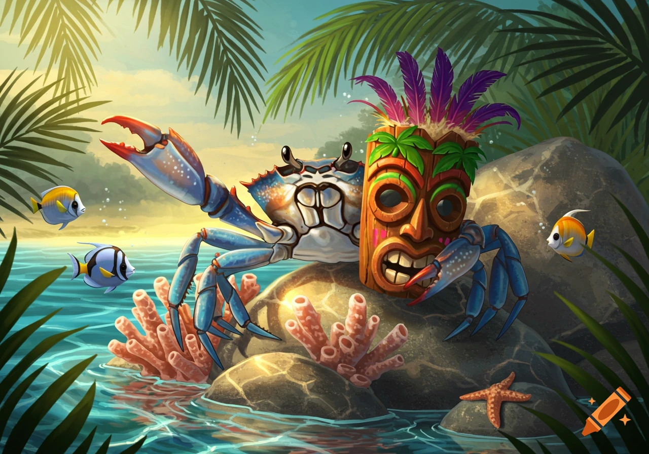 Cartoon blue crab with raised claw next to a feathered tiki mask on a rock in a tropical ocean scene with fish and coral.