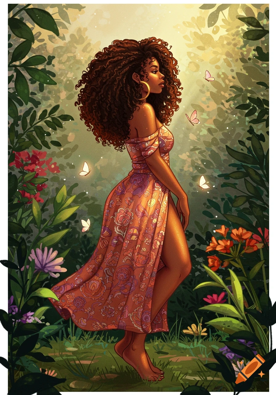 Stylized illustration of a Black woman with curly hair in a sunlit, vibrant garden with flowers and butterflies.