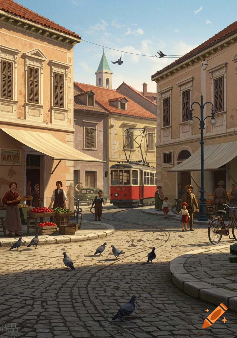 An old-world street scene in a European town, with a red and white tram, cobblestone street, vendor stalls, and people milling about under a sunny sky.