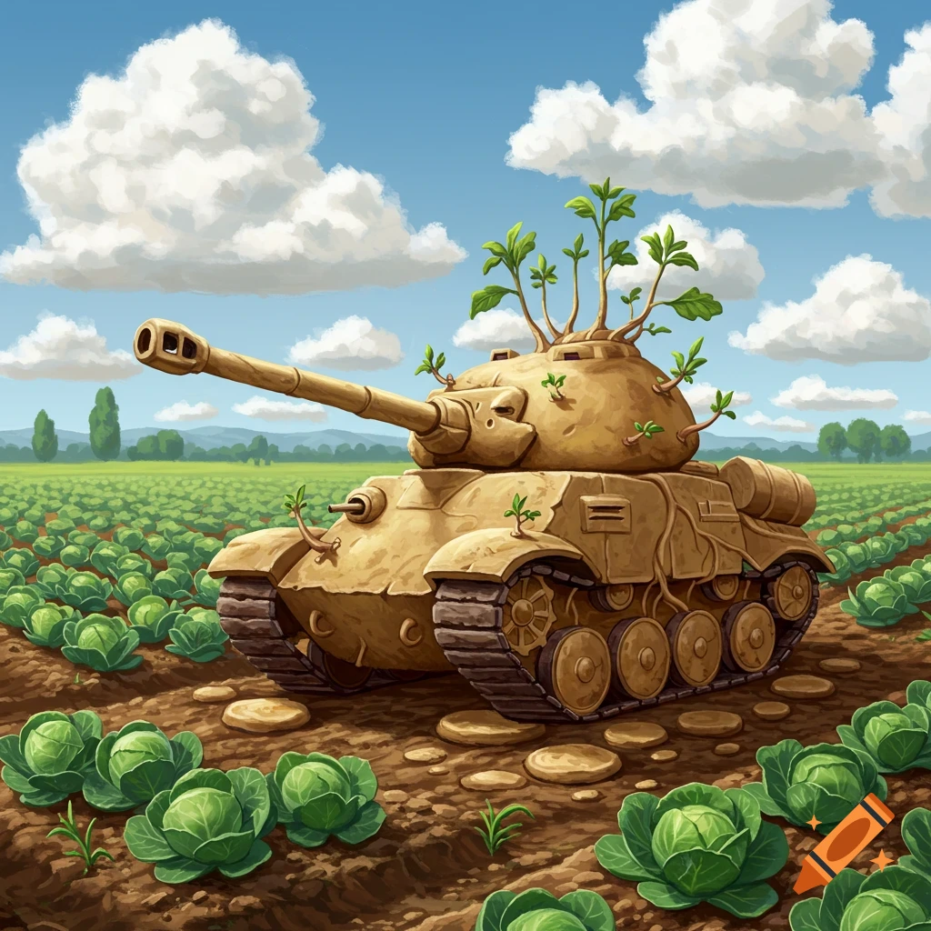 A stylized illustration of a potato-like tank with green sprouts, sitting in a field of cabbages under a cloudy blue sky.