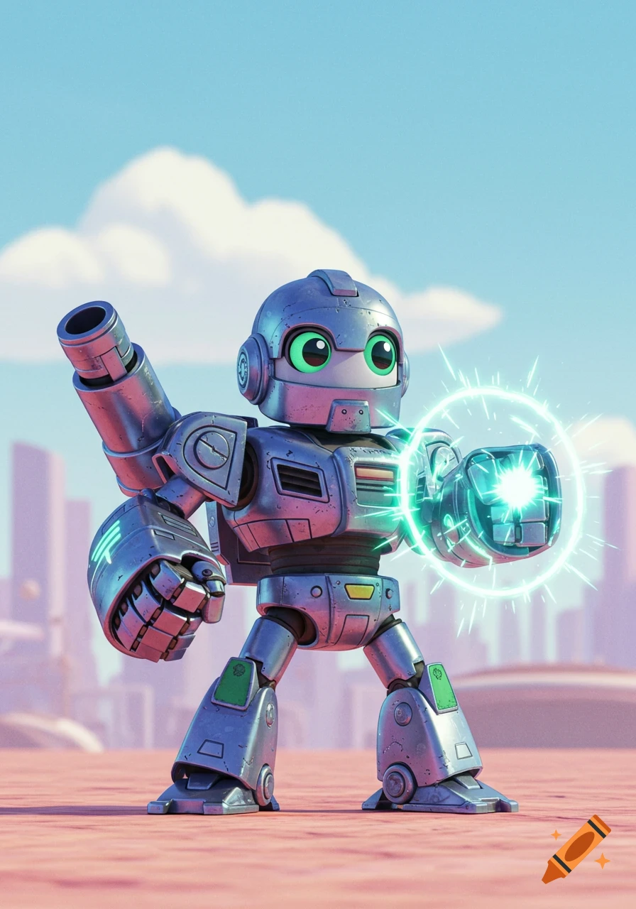 Cartoonish silver robot with green eyes, a cannon arm, and glowing energy shield on its fist, in a futuristic landscape.