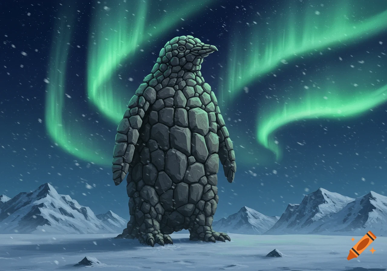 A large, anthropomorphic penguin made of rocks stands in a snowy arctic landscape under a sky lit by green aurora borealis.