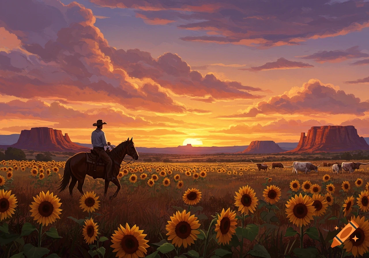 Cowboy on horseback in a sunflower field, with cattle and mesas, under a vibrant sunset sky. Stylized painting.