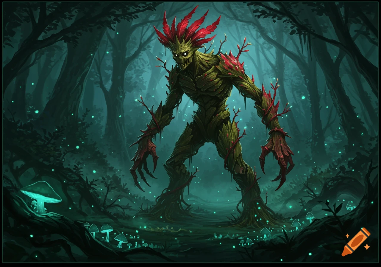 A menacing plant-based monster with green, vine-like skin, red thorns, and glowing eyes stands in a dark, mysterious forest with bioluminescent mushrooms.