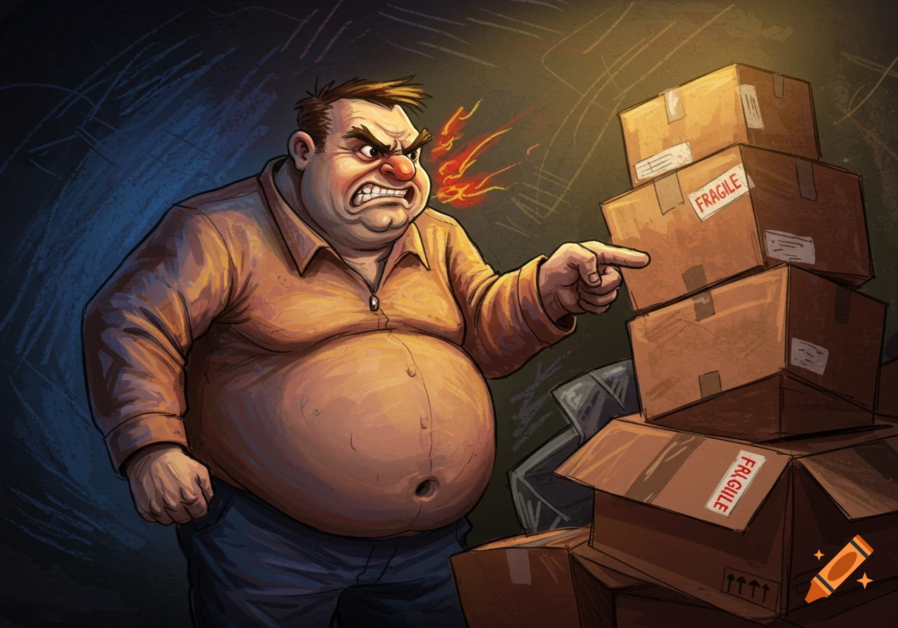 Crayon drawing of an angry, corpulent man pointing furiously at a stack of cardboard boxes.
