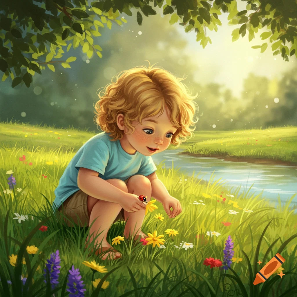 Whimsical illustration of a blonde child crouching in a sunny field by a stream, examining a ladybug on a flower.