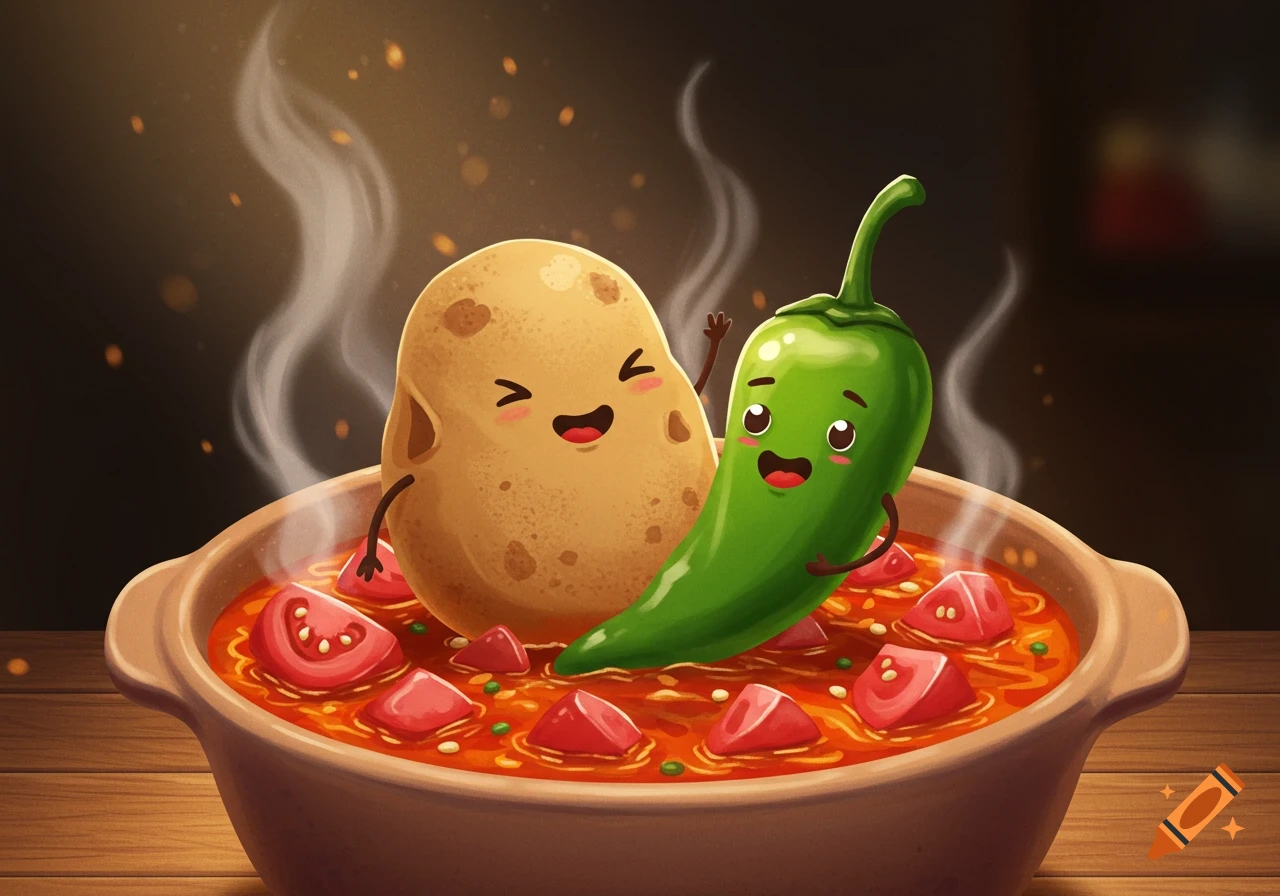 Happy cartoon potato and green chili pepper in a steaming bowl of red chili with tomato chunks, in an illustrated style.