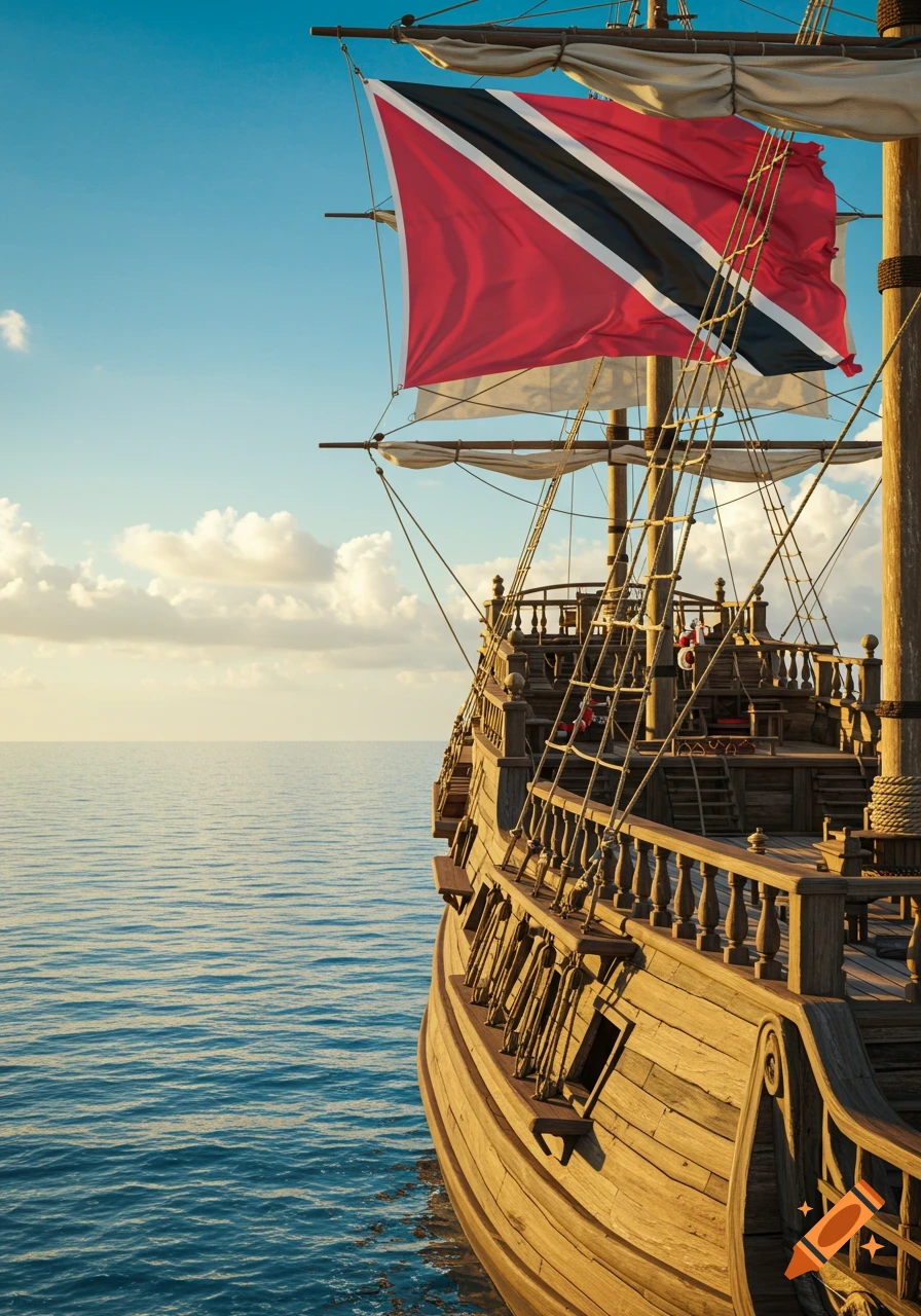 A large wooden pirate ship with the red, black, and white flag of Trinidad and Tobago flying from its mast, sailing on a blue sea under a partly cloudy sky at sunset.