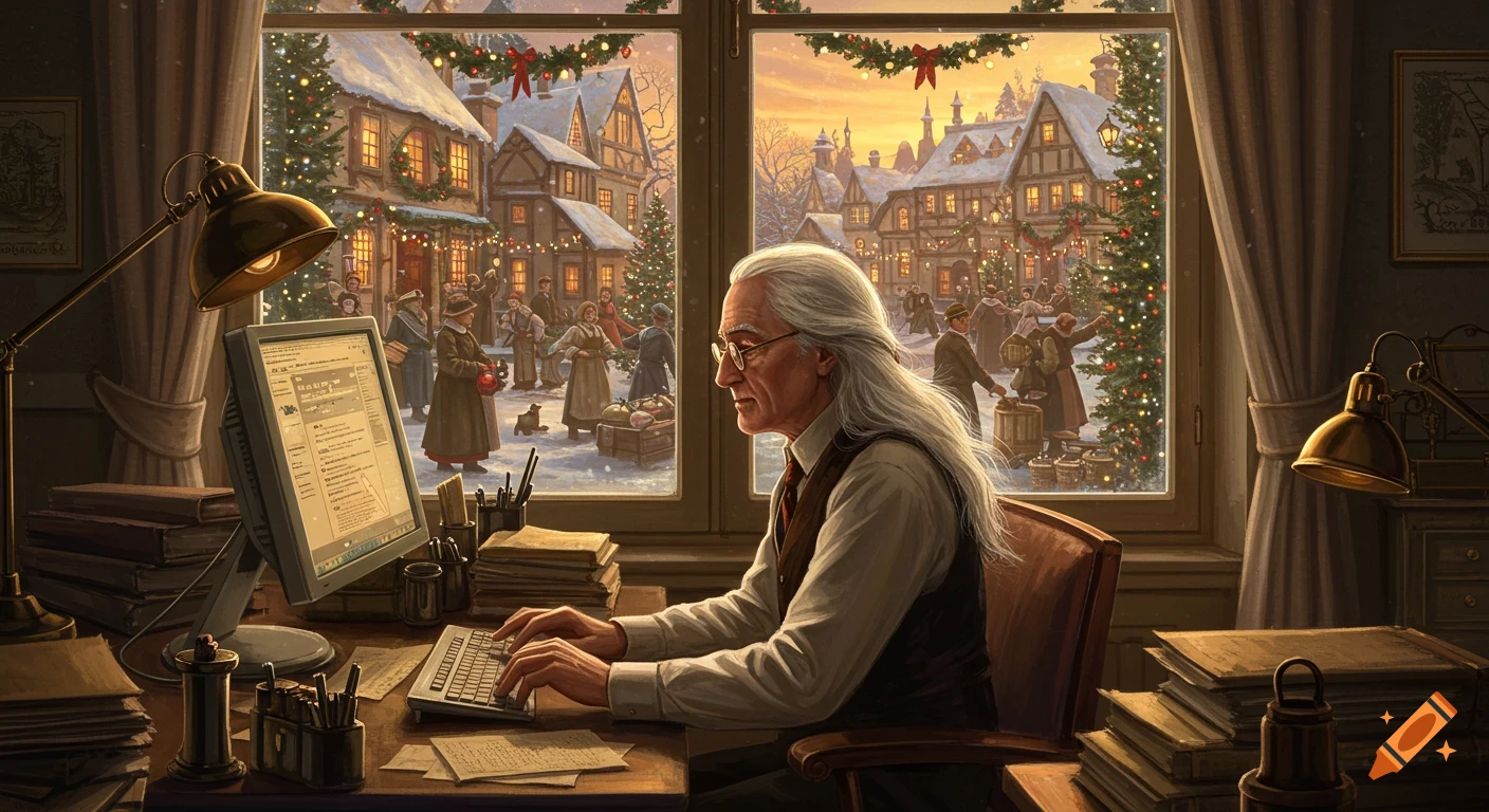 A senior man with long white hair works at a computer in a cozy office, looking out at a festive, snowy Christmas village scene during golden hour. Concept art style.