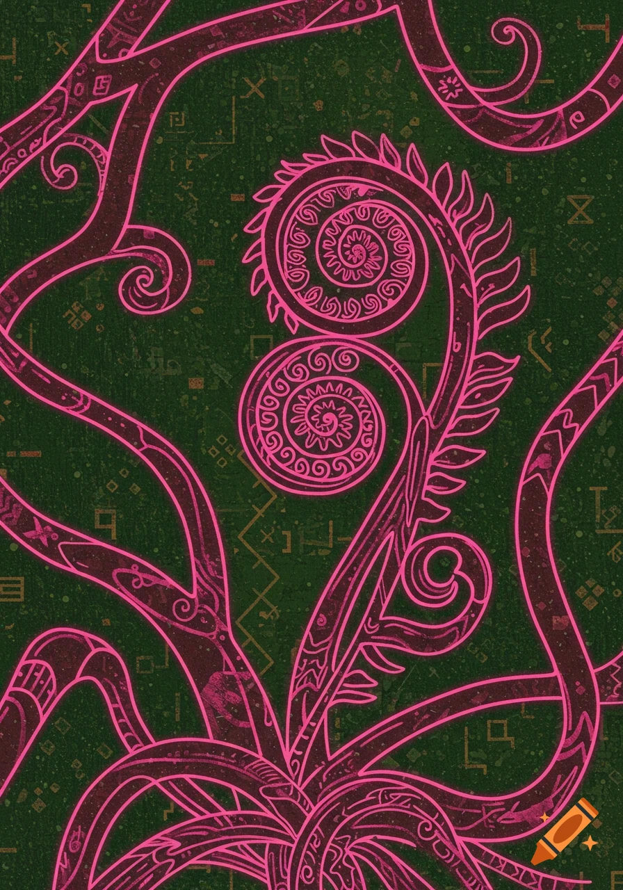 Stylized pink fiddlehead and abstract organic patterns on a dark green background with faint symbols.