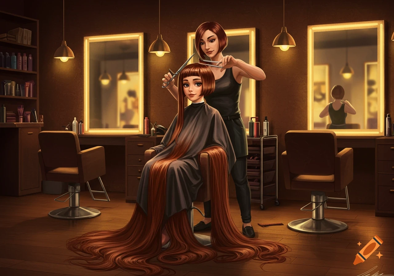 A stylized illustration of a girl with extremely long red hair getting a bob haircut from a stylist in a salon.