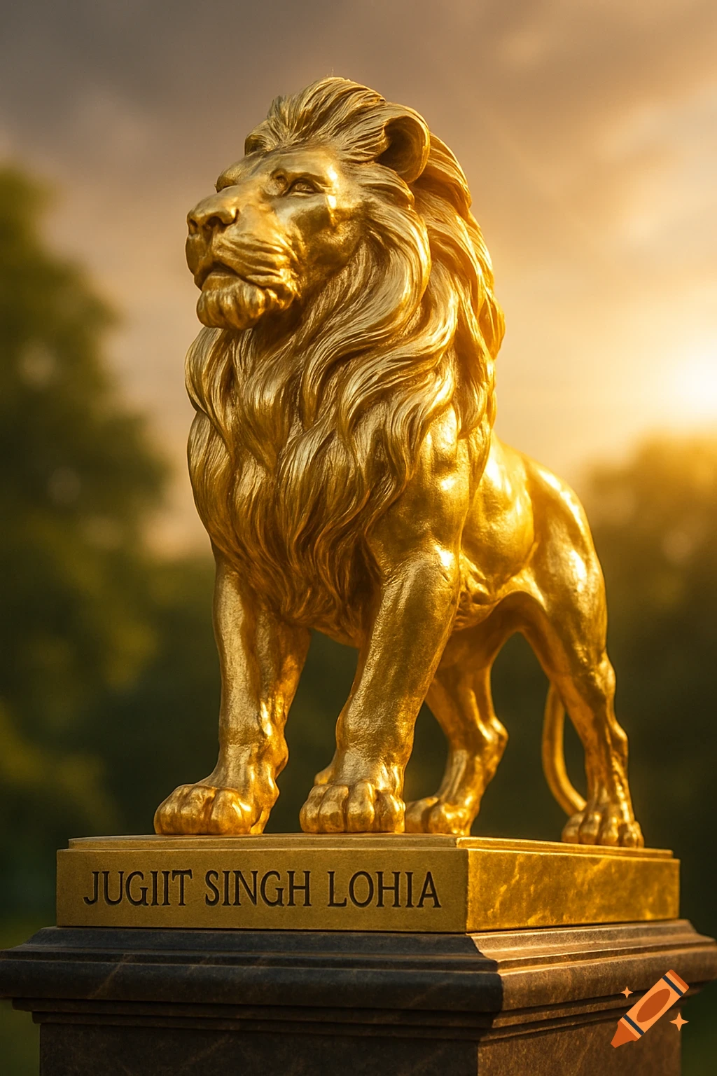 A photorealistic golden lion statue on a dark pedestal, with 'JUGJIIT SINGH LOHIA' engraved, under a golden sunset sky.