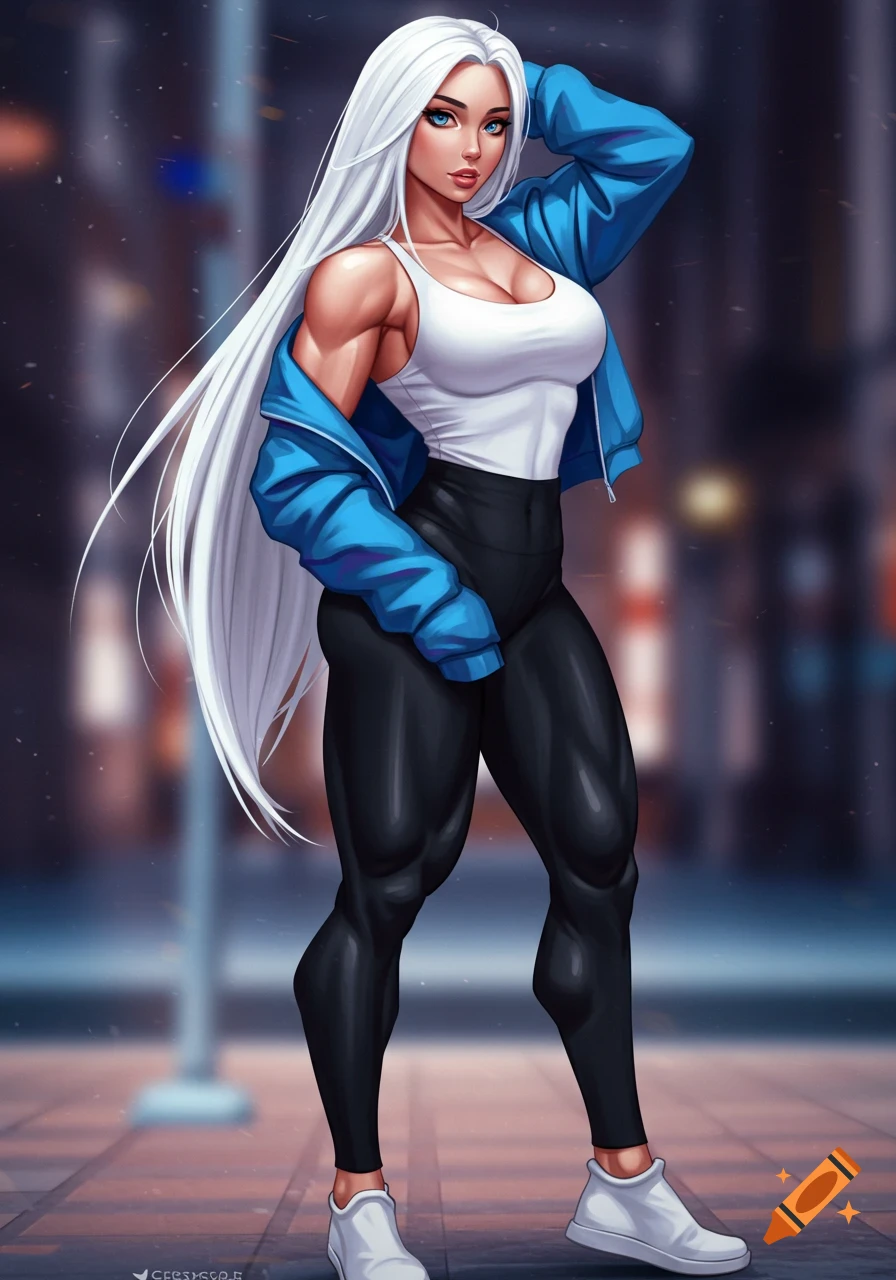 Anime-style muscular woman with long white hair, blue eyes, white tank top, black leggings, and a blue hoodie.