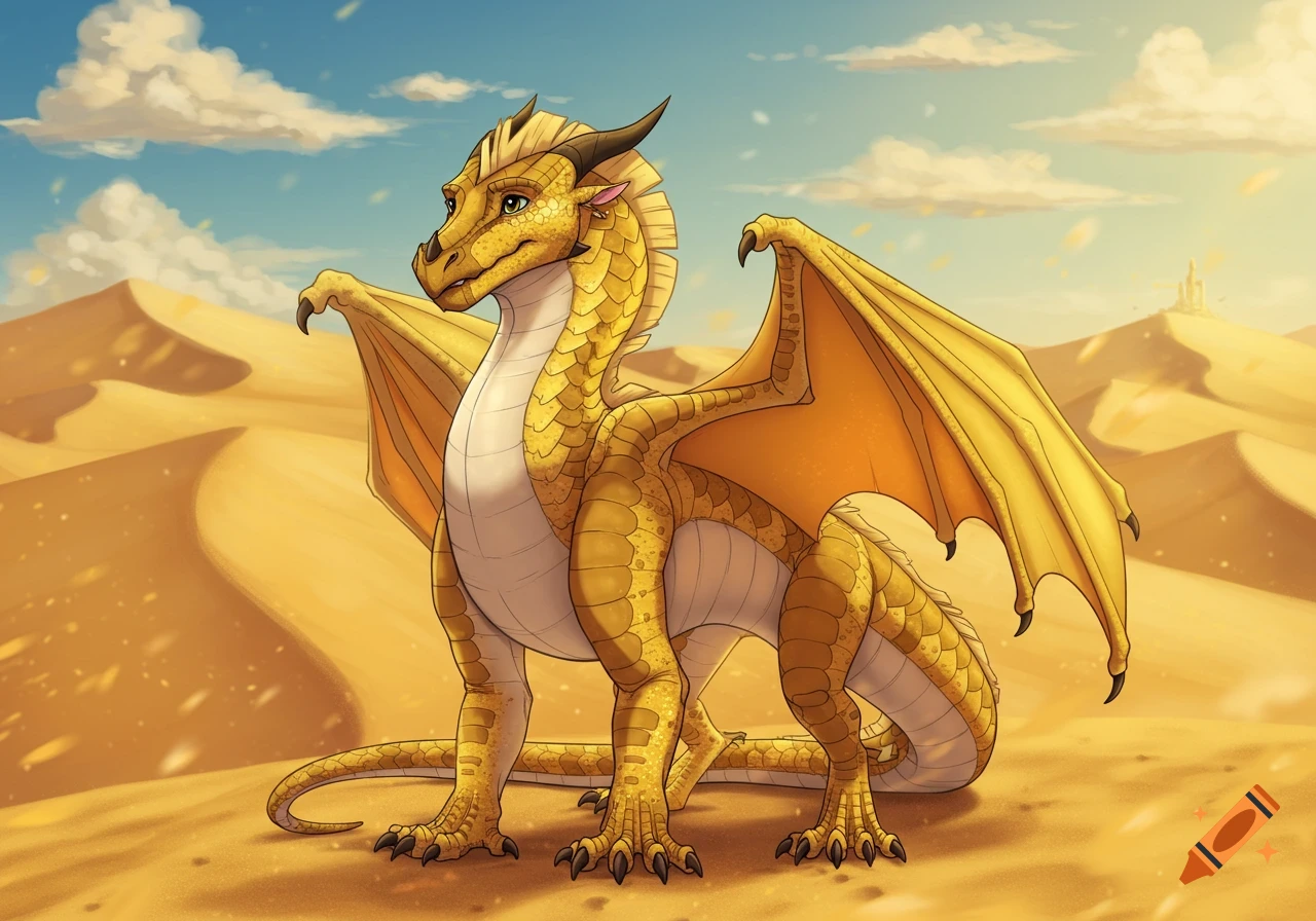 A golden dragon with large wings sits in a sandy desert under a blue sky with clouds. A small structure is visible in the distance.