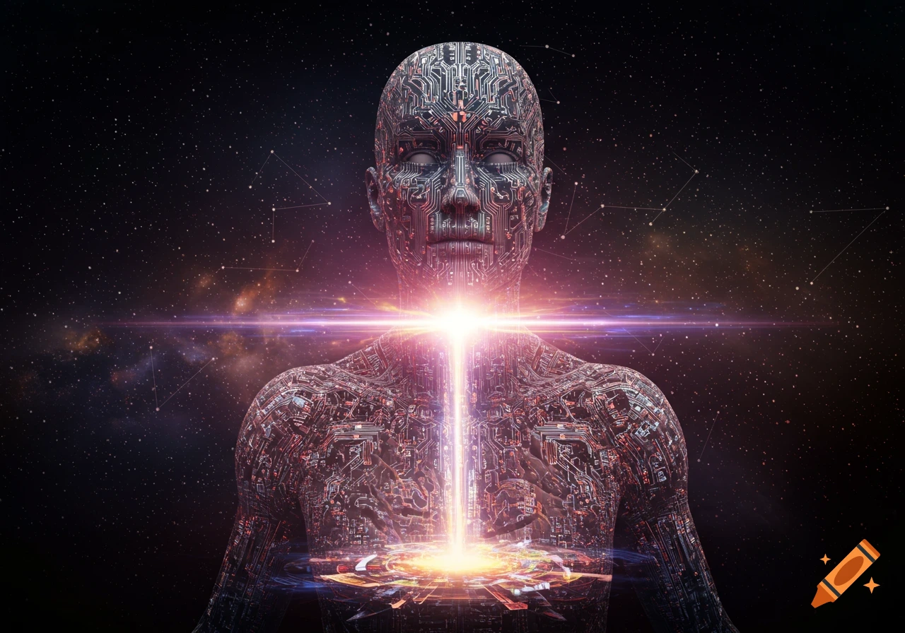 A futuristic human-like figure made of glowing circuit boards against a starry space background.