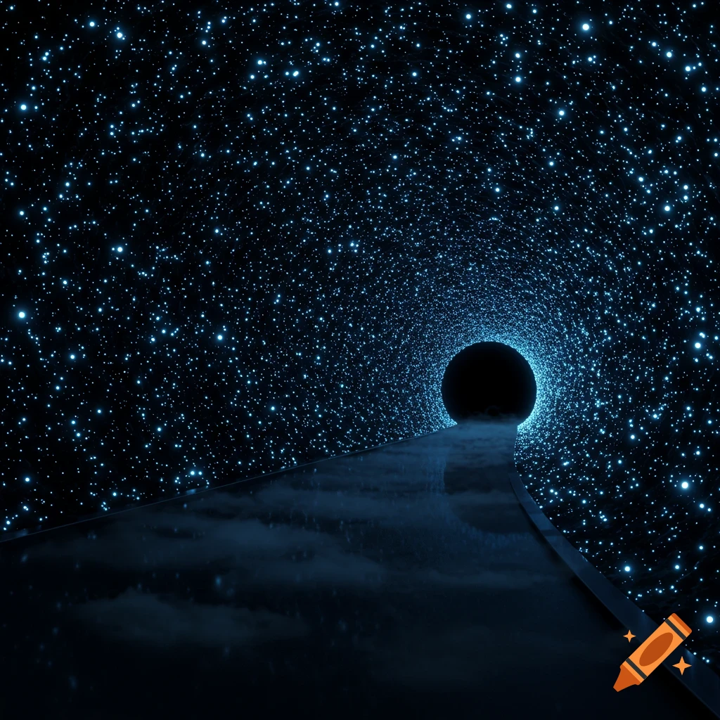 A dark tunnel illuminated by countless tiny blue lights, with a black opening at the end and a reflective floor showing hazy reflections.